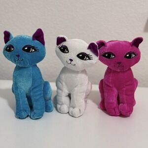 Six Flags Cat Plush Lot of 3 Blue Pink White Vintage Stuffed Animal